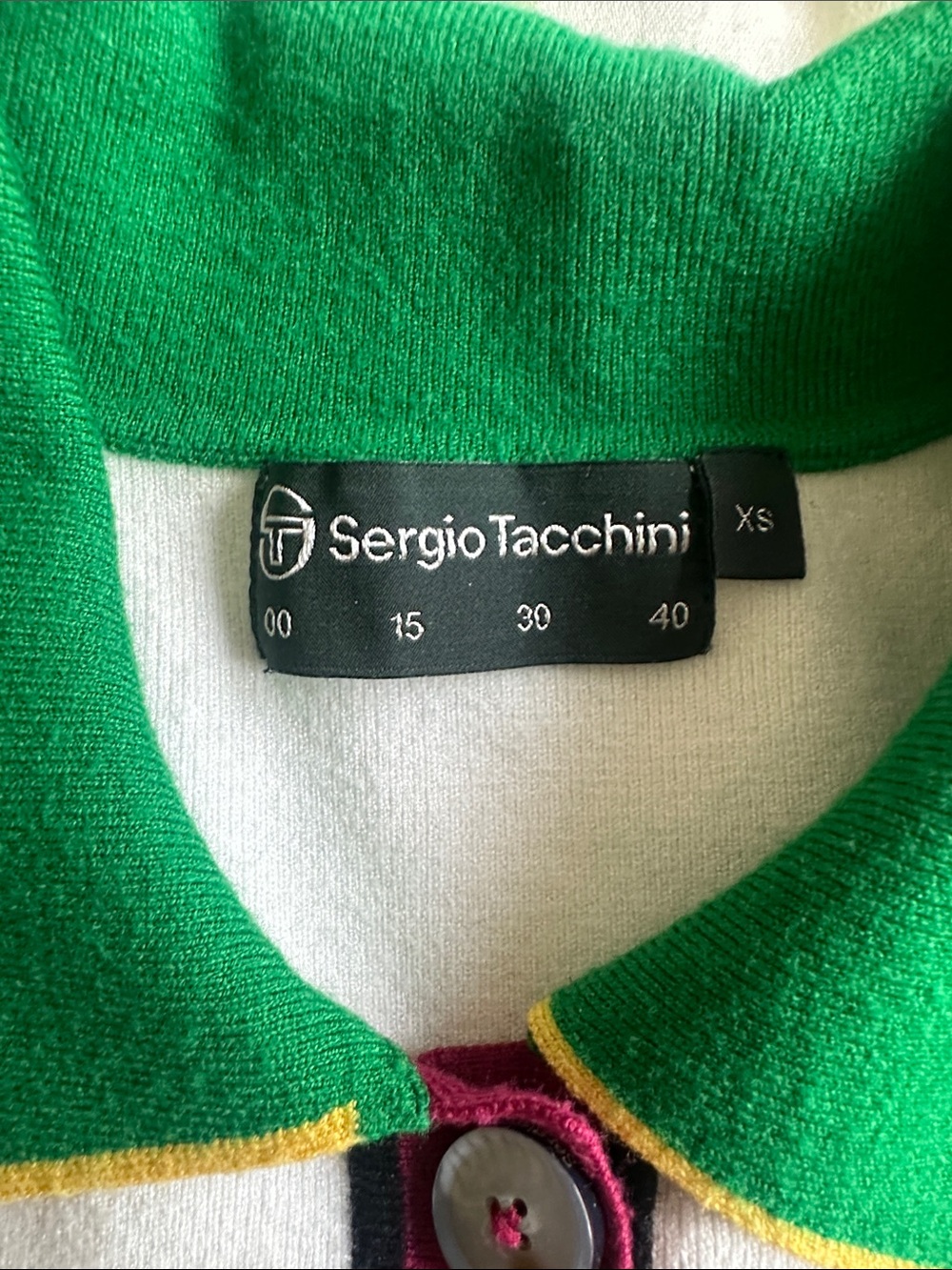 Sergio Tacchini Knit White Polo Bodysuit with Green Collar, Burgundy Accents - Picture 2 of 4